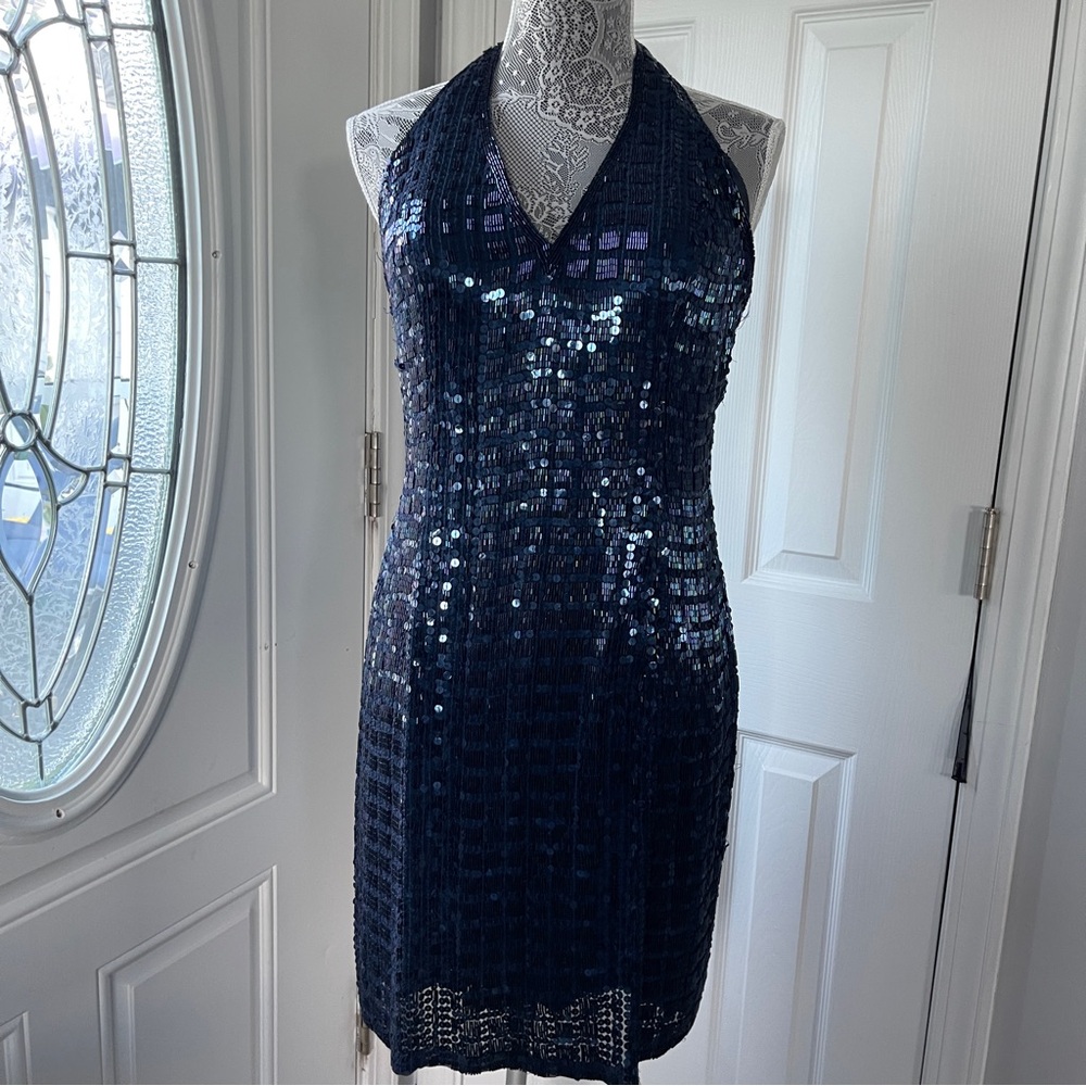 Vintage 80s 90s Niteline dark blue Sequin Halter Sheath Dress size 8/10